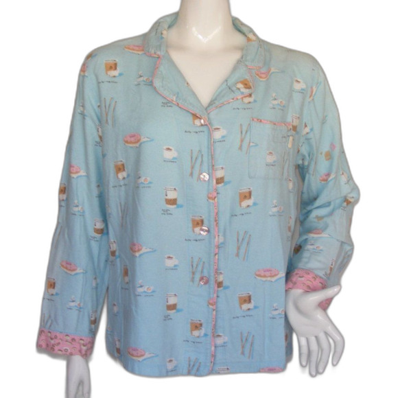 MUNKI MUNKI Pajama Set, M, Blue, Donuts & Coffee, Flannel, 2 piece, Top/Pants - Picture 8 of 14